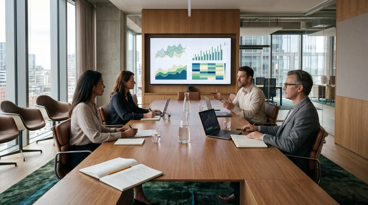 Besprechung am langen Holztisch vor einem Bildschirm mit Diagrammen in einem hellen Konferenzraum