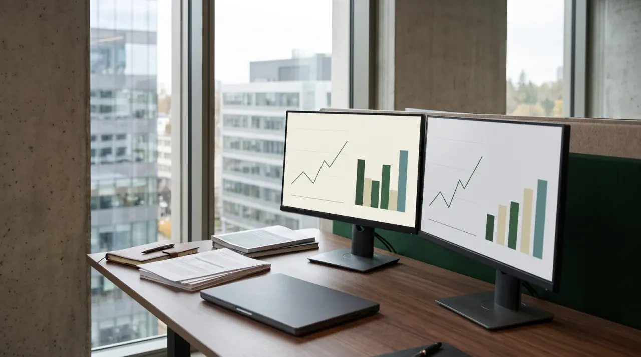 Zwei Monitore mit Diagrammen, Laptop und Unterlagen am Schreibtisch vor großen Bürofenstern