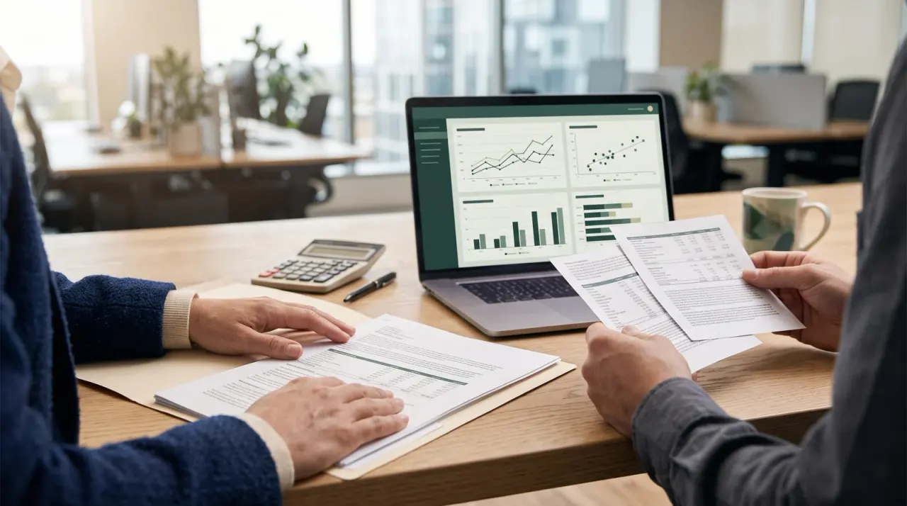 Hände halten Finanztabellen neben Laptop mit Diagrammen, Taschenrechner und Kaffeetasse auf dem Tisch